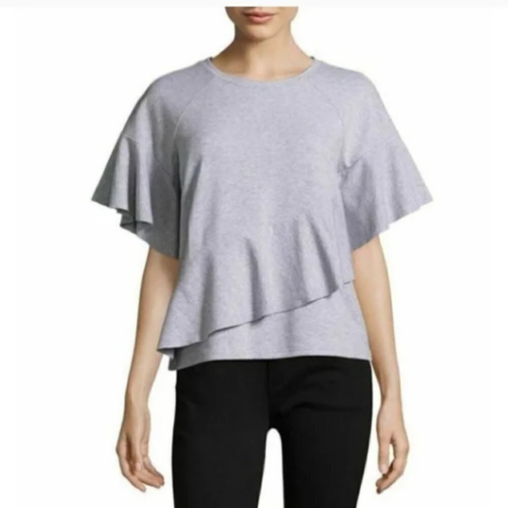 Project RUNWAY, Size S Asymmetrical Ruffle Short Sleeve Raw Edge Sweatshirt, NEW